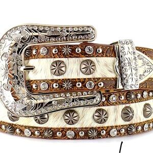 Angel Ranch Western Belt Silver Buckle genuine leather cowhide fur